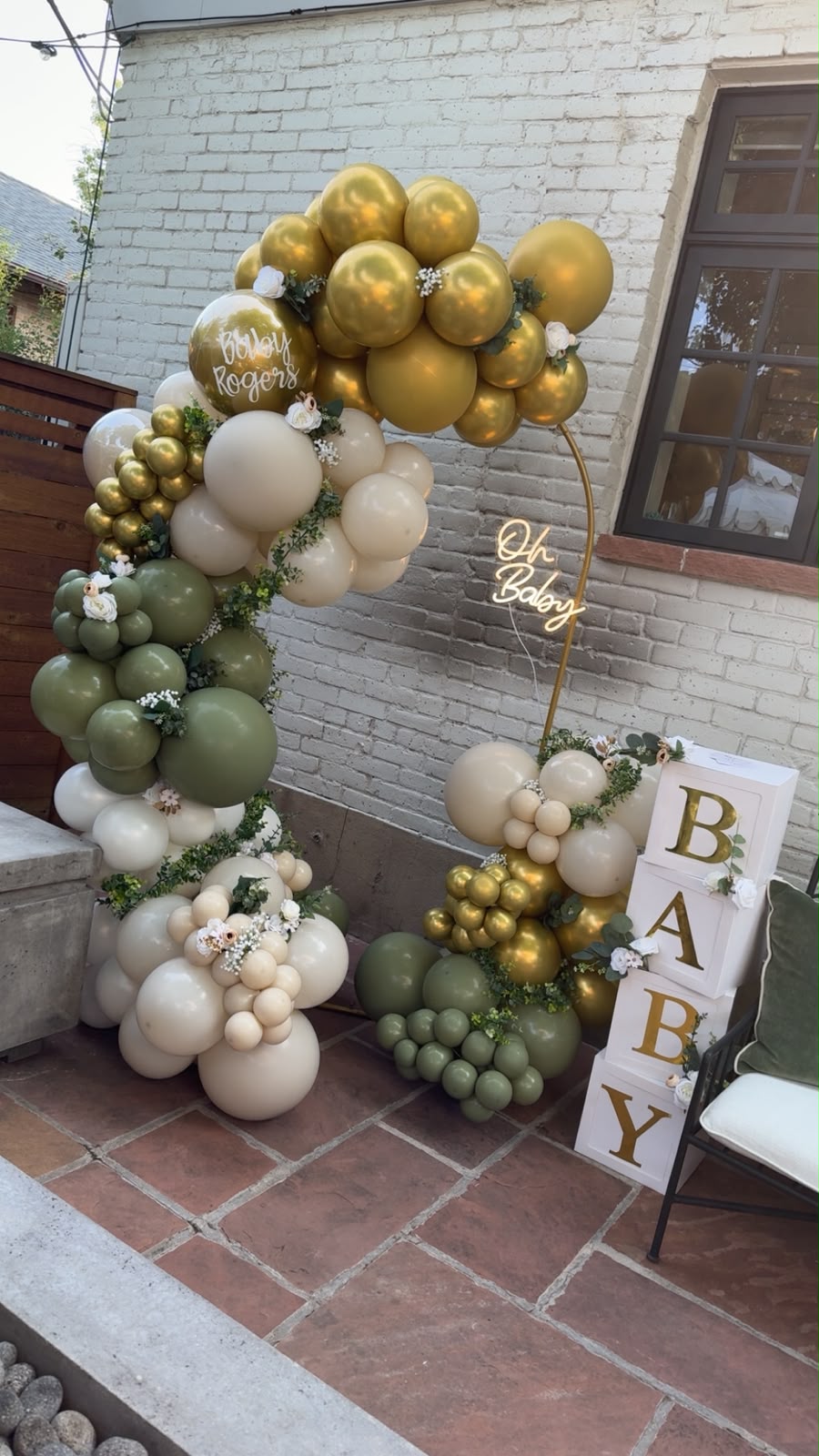 Sage and gold balloon garland for a Baby Rogers shower