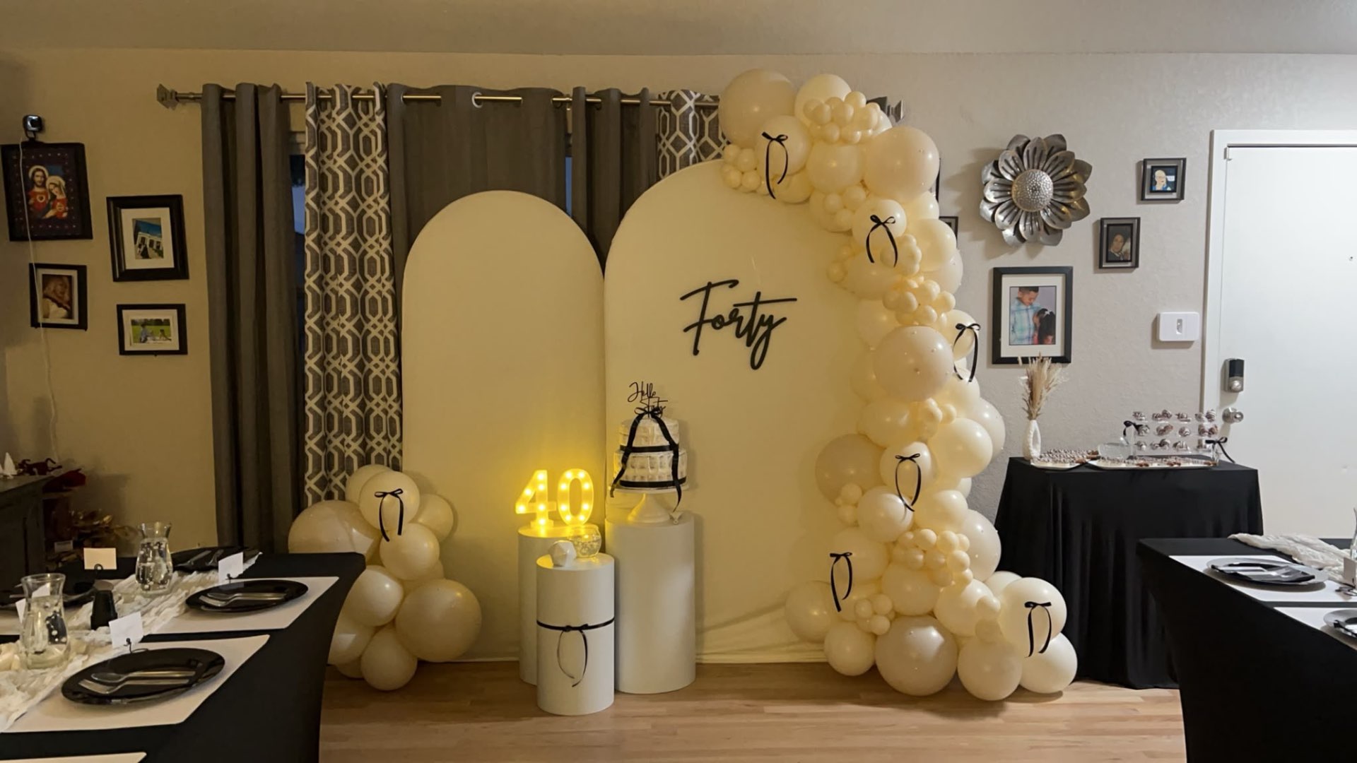 Sage and gold baby shower display with teddy bears